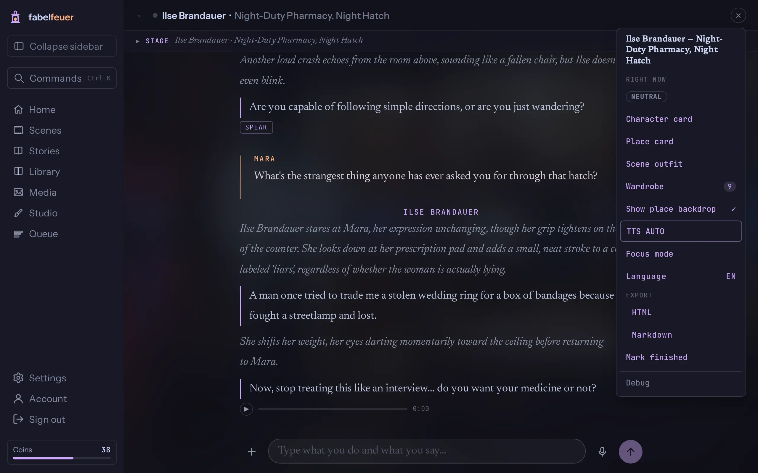 The scene's menu: how the character feels about you right now (here: Neutral), their card, the place, the wardrobe and more.