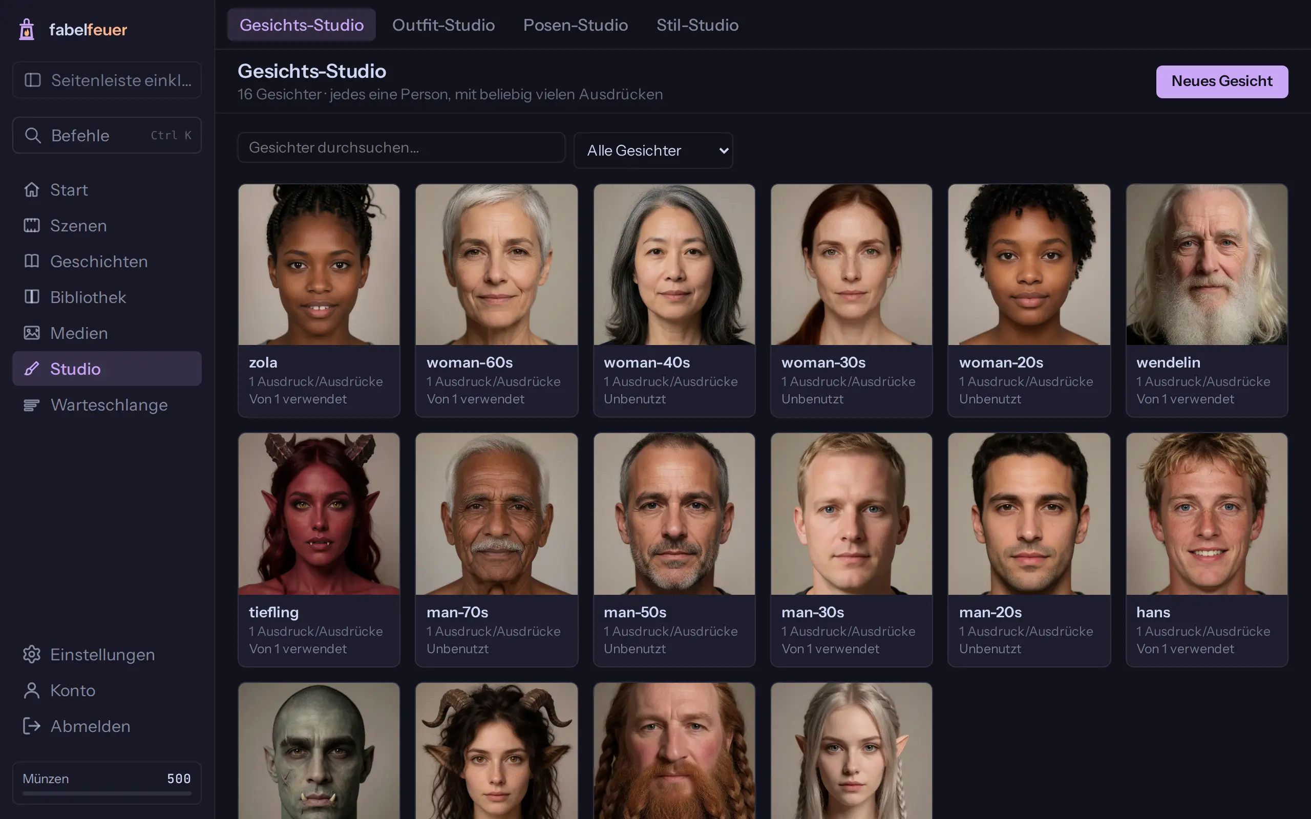 Gesichts-Studio: je eine Person, mit ihren Gesichtsausdrücken.