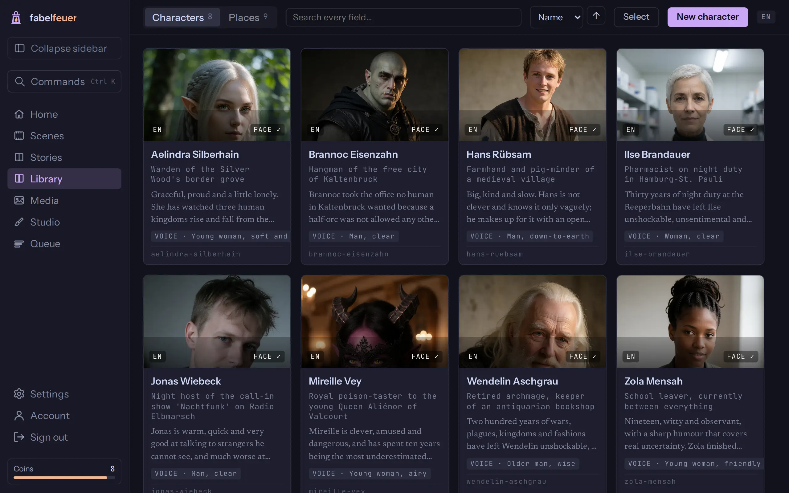 The character library: portraits and short descriptions of each character.