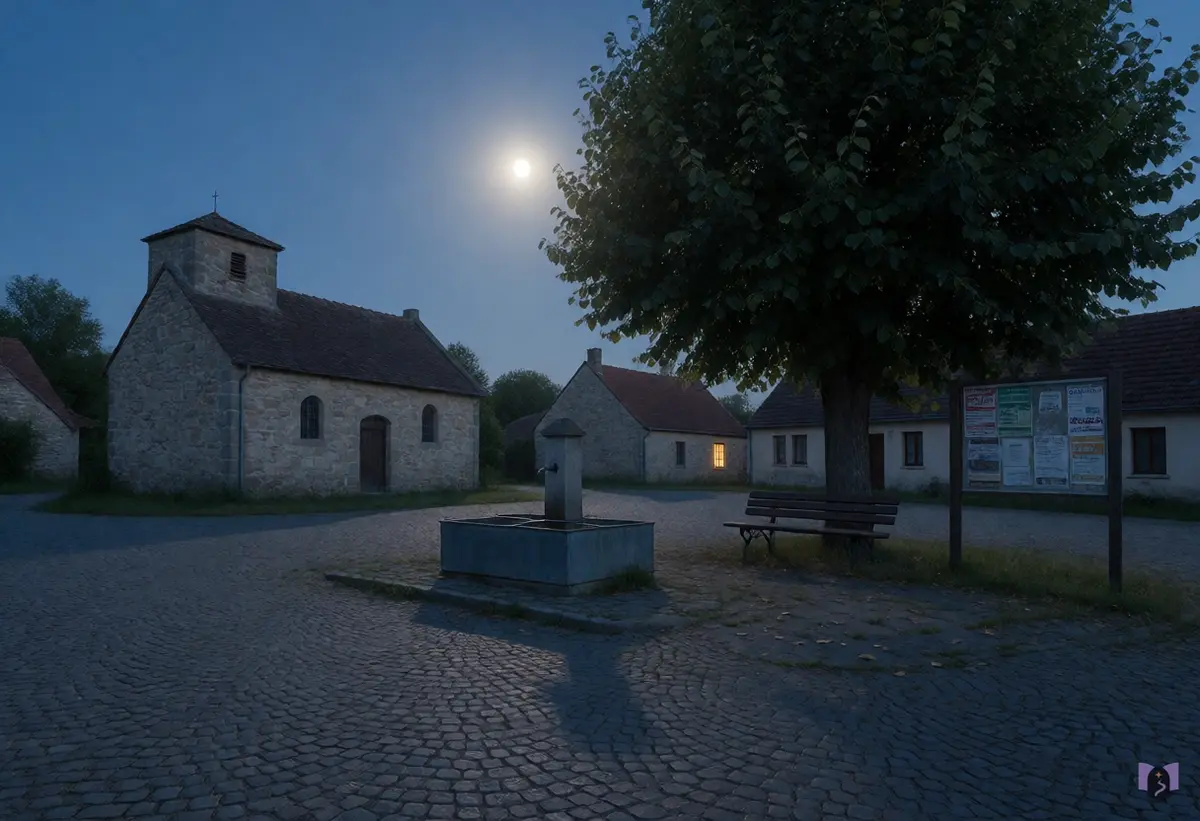 A village square with a small church under a full moon.