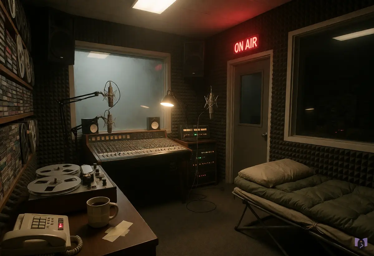 A small radio studio at night, the ON AIR sign lit.