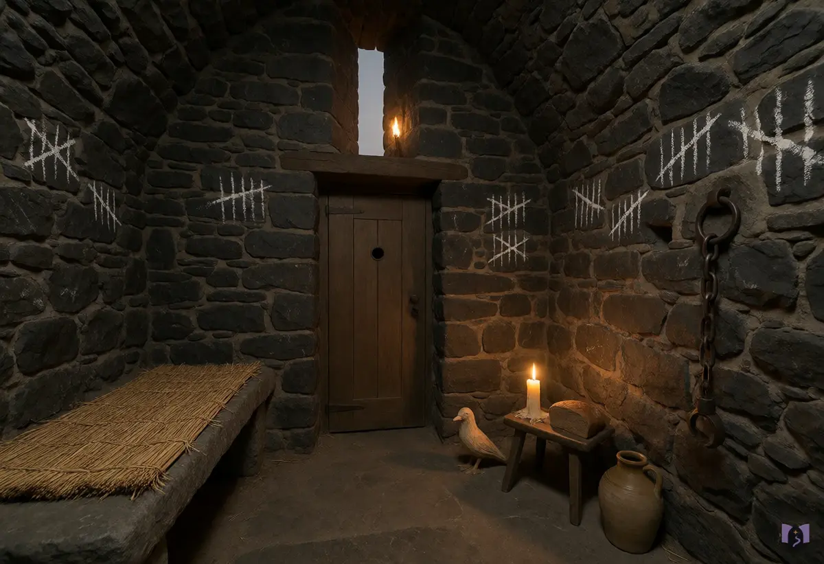 A stone cell with tally marks on the wall and a candle by the door.